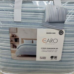 Caro Home Green with Blue and White Striped Queen 3 Piece Comforter Set 92”x92”